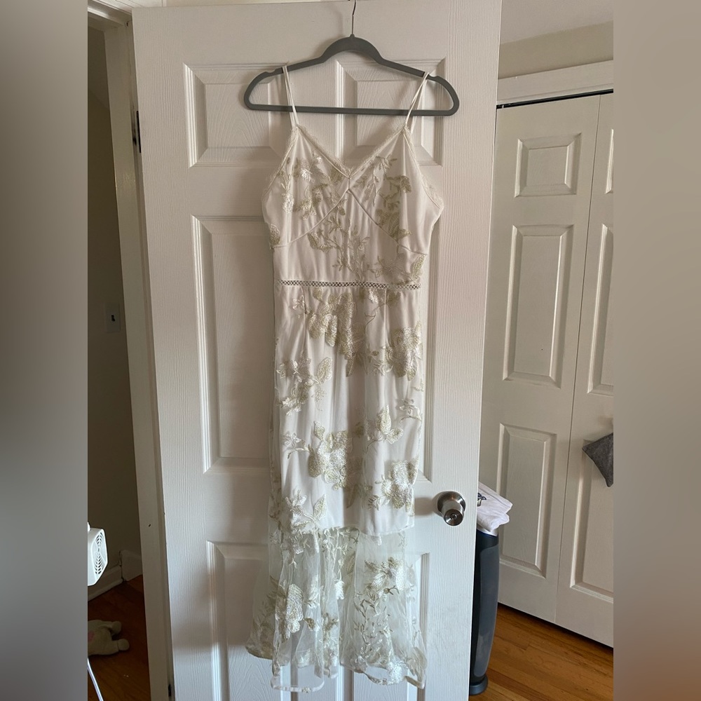 Worn once at bridal shower - white and gold lace midi dress